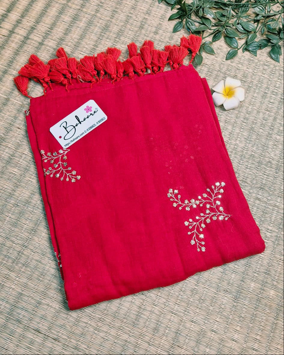 Shimmering Starlight | Ruby Red Mul Mul Cotton Saree with Sequin Zari Embroidery Work