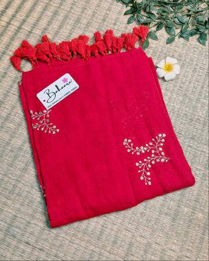 Shimmering Starlight | Ruby Red Mul Mul Cotton Saree with Sequin Zari Embroidery Work