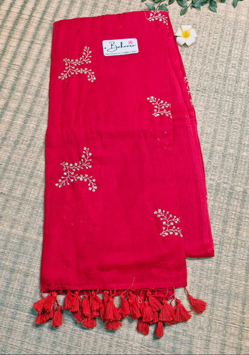 Shimmering Starlight | Ruby Red Mul Mul Cotton Saree with Sequin Zari Embroidery Work