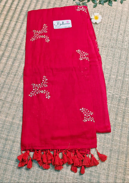 Shimmering Starlight | Ruby Red Mul Mul Cotton Saree with Sequin Zari Embroidery Work