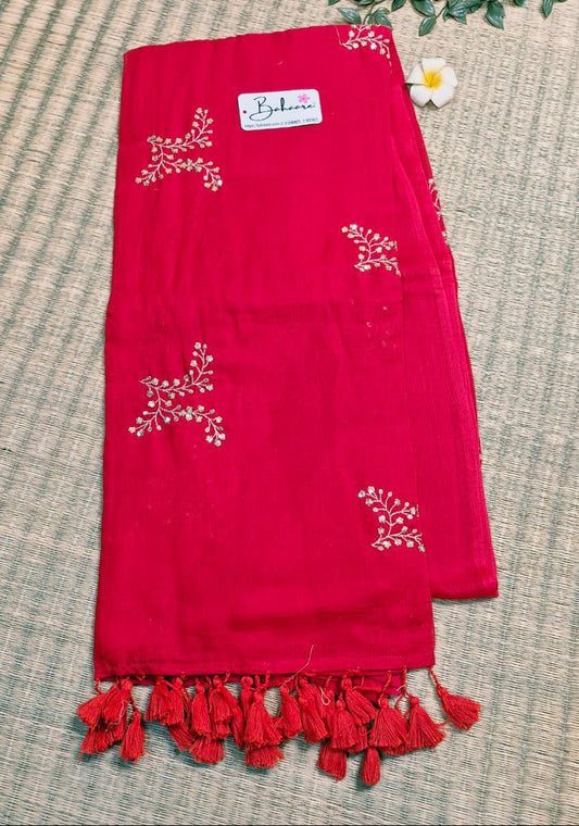 Shimmering Starlight | Ruby Red Mul Mul Cotton Saree with Sequin Zari Embroidery Work