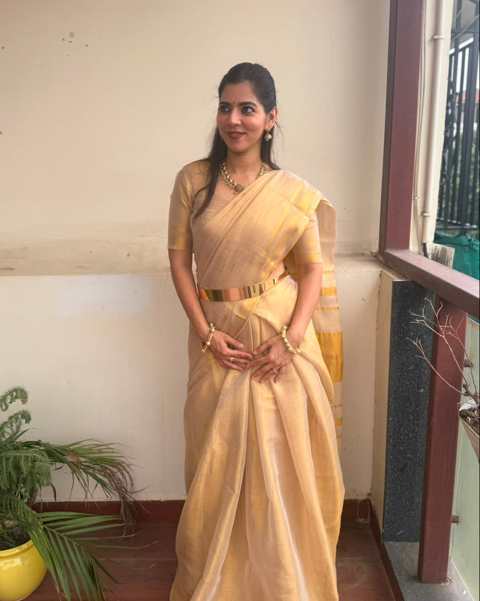 Megha | Golden Beige Grace Tissue Saree