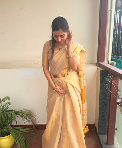 Megha | Golden Beige Grace Tissue Saree