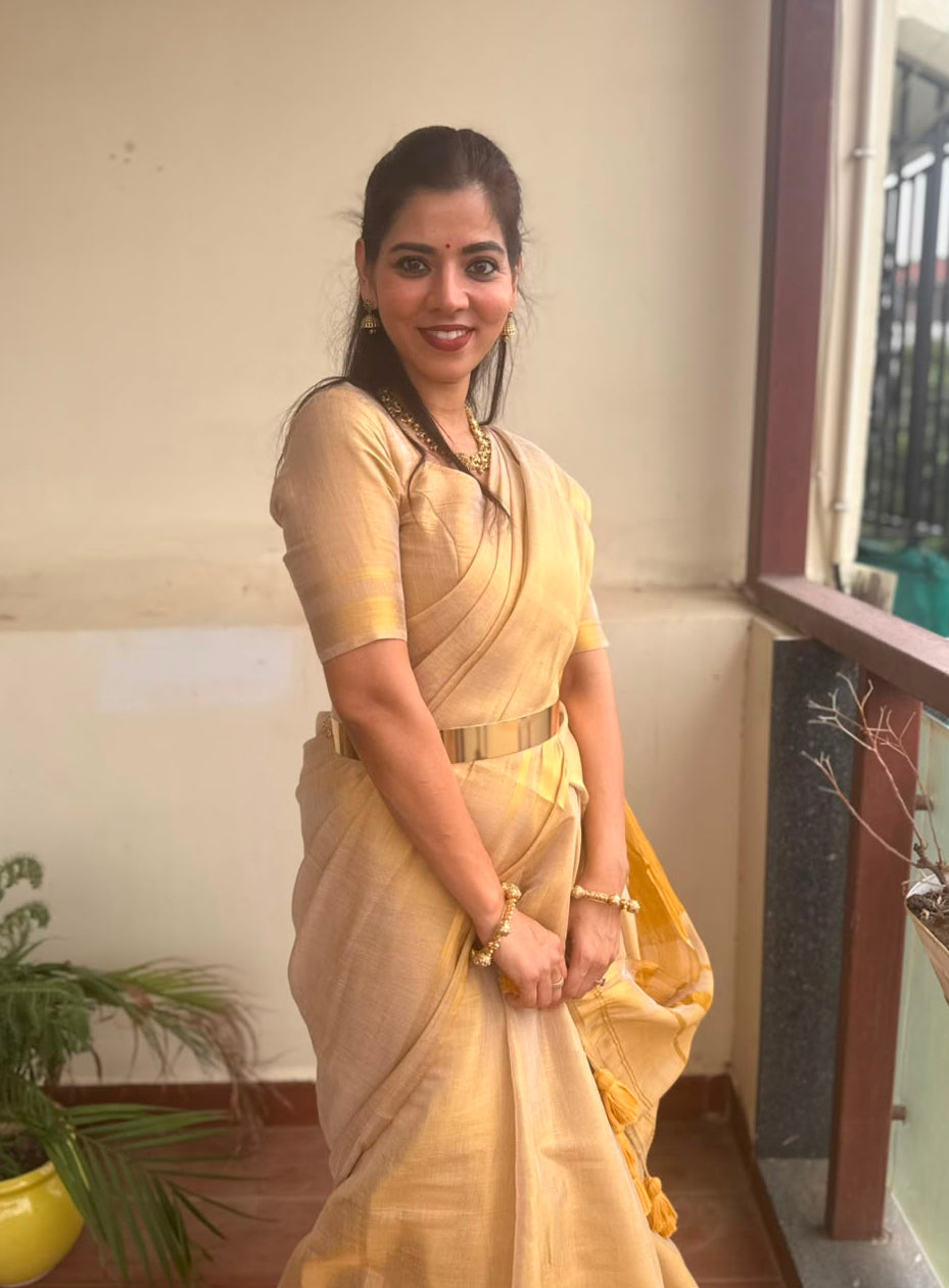 Megha | Golden Beige Grace Tissue Saree