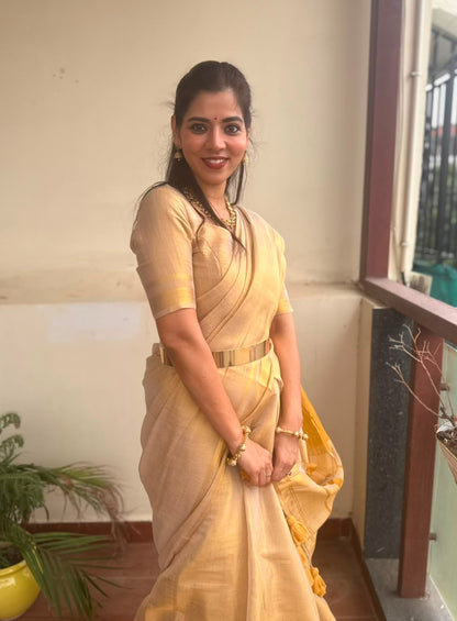 Megha | Golden Beige Grace Tissue Saree