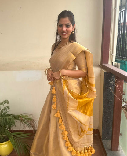 Megha | Golden Beige Grace Tissue Saree
