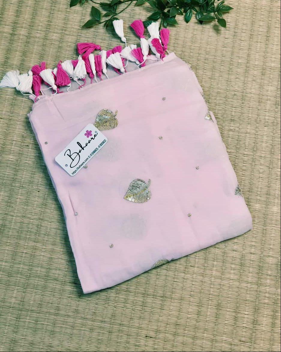Shimmering Starlight | Pastel Pink Mul Mul Cotton Saree with Sequin Zari Embroidery Work