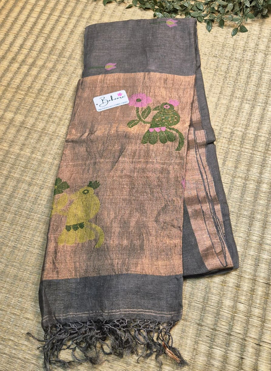 Woodland Whispers | Ash Grey Jayshree Linen Saree with Paithani Motif