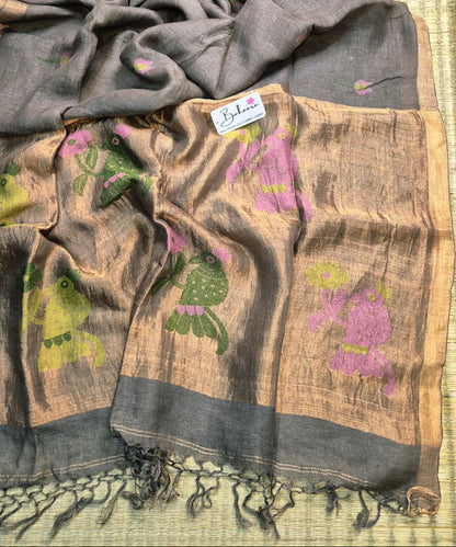 Woodland Whispers | Ash Grey Jayshree Linen Saree with Paithani Motif
