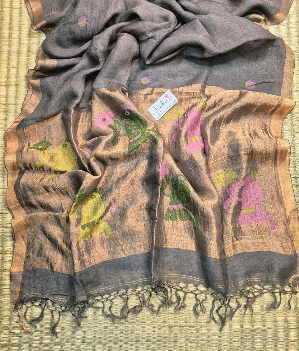 Woodland Whispers | Ash Grey Jayshree Linen Saree with Paithani Motif