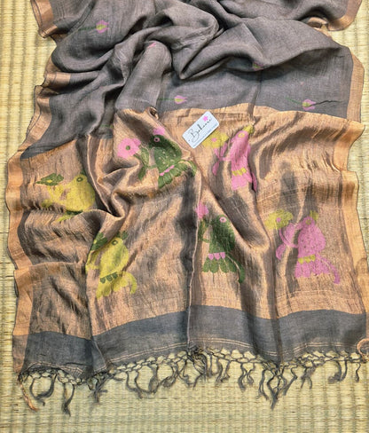 Woodland Whispers | Ash Grey Jayshree Linen Saree with Paithani Motif