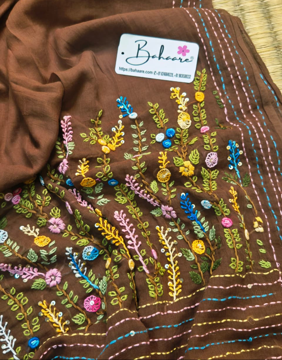 Mohini | Cinnamon Brown Mul Mul Cotton Saree with Handcrafted Bullion Stich