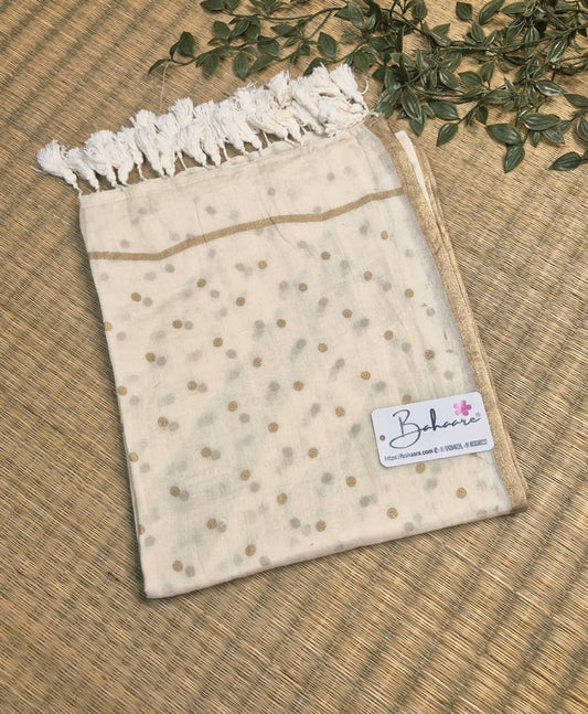 Polka Passion | Latte Cream Mul Mul Cotton Saree with Golden Polka Dots