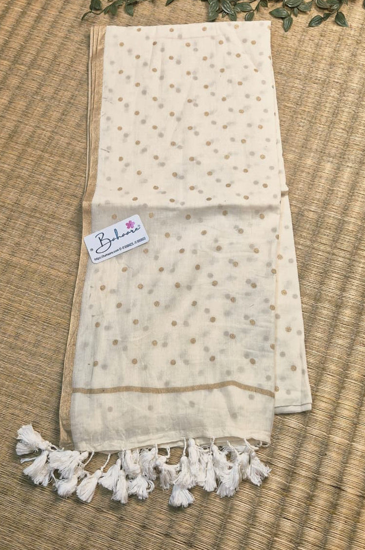 Polka Passion | Latte Cream Mul Mul Cotton Saree with Golden Polka Dots
