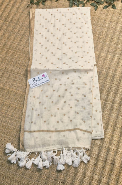Polka Passion | Latte Cream Mul Mul Cotton Saree with Golden Polka Dots
