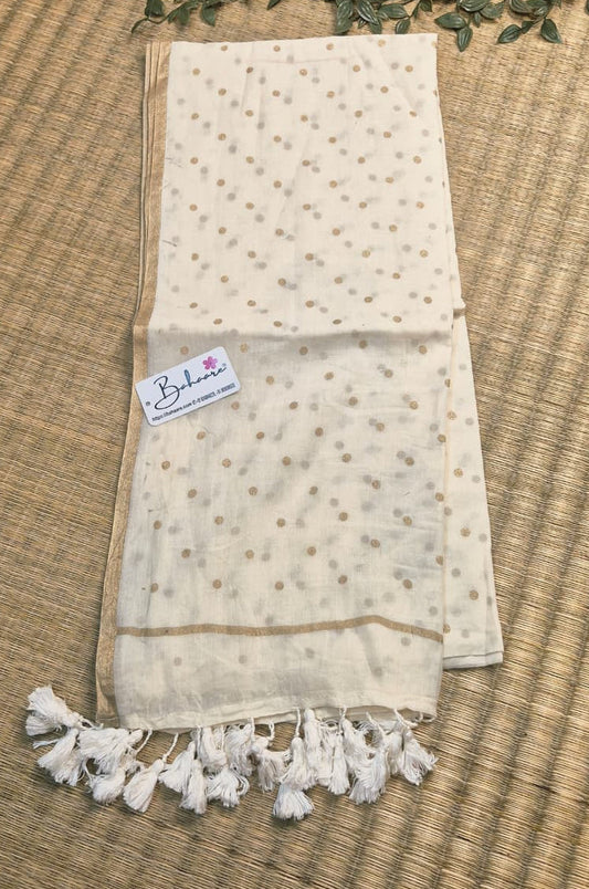 Polka Passion | Latte Cream Mul Mul Cotton Saree with Golden Polka Dots