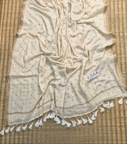 Polka Passion | Latte Cream Mul Mul Cotton Saree with Golden Polka Dots