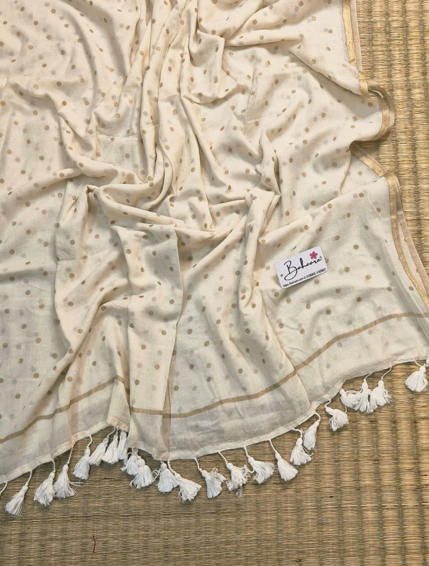 Polka Passion | Latte Cream Mul Mul Cotton Saree with Golden Polka Dots