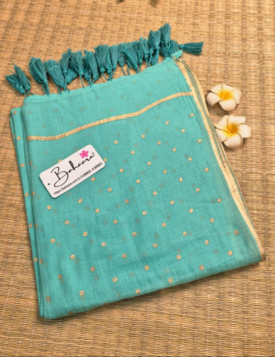 Polka Passion | Turquoise Blue Mul Mul Cotton Saree with Golden Polka Dots