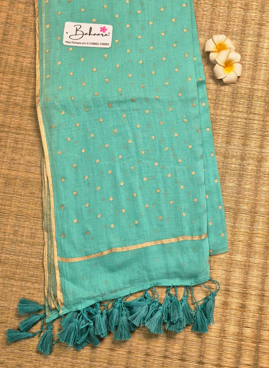 Polka Passion | Turquoise Blue Mul Mul Cotton Saree with Golden Polka Dots