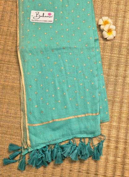 Polka Passion | Turquoise Blue Mul Mul Cotton Saree with Golden Polka Dots