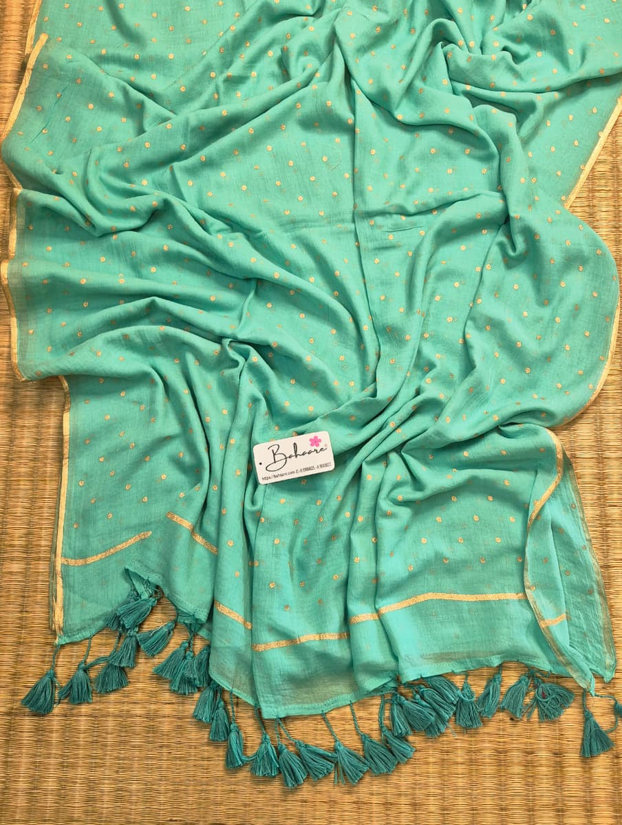Polka Passion | Turquoise Blue Mul Mul Cotton Saree with Golden Polka Dots