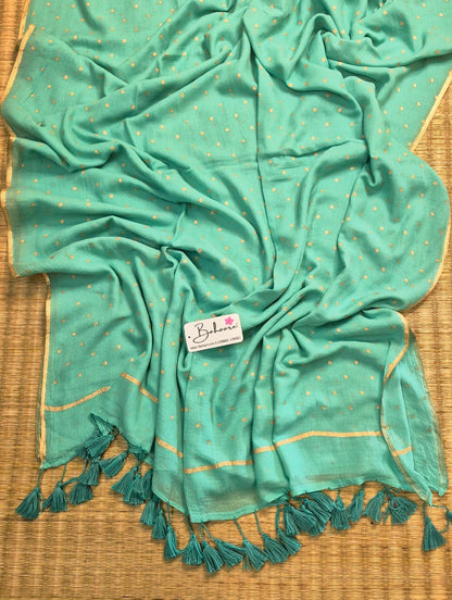 Polka Passion | Turquoise Blue Mul Mul Cotton Saree with Golden Polka Dots