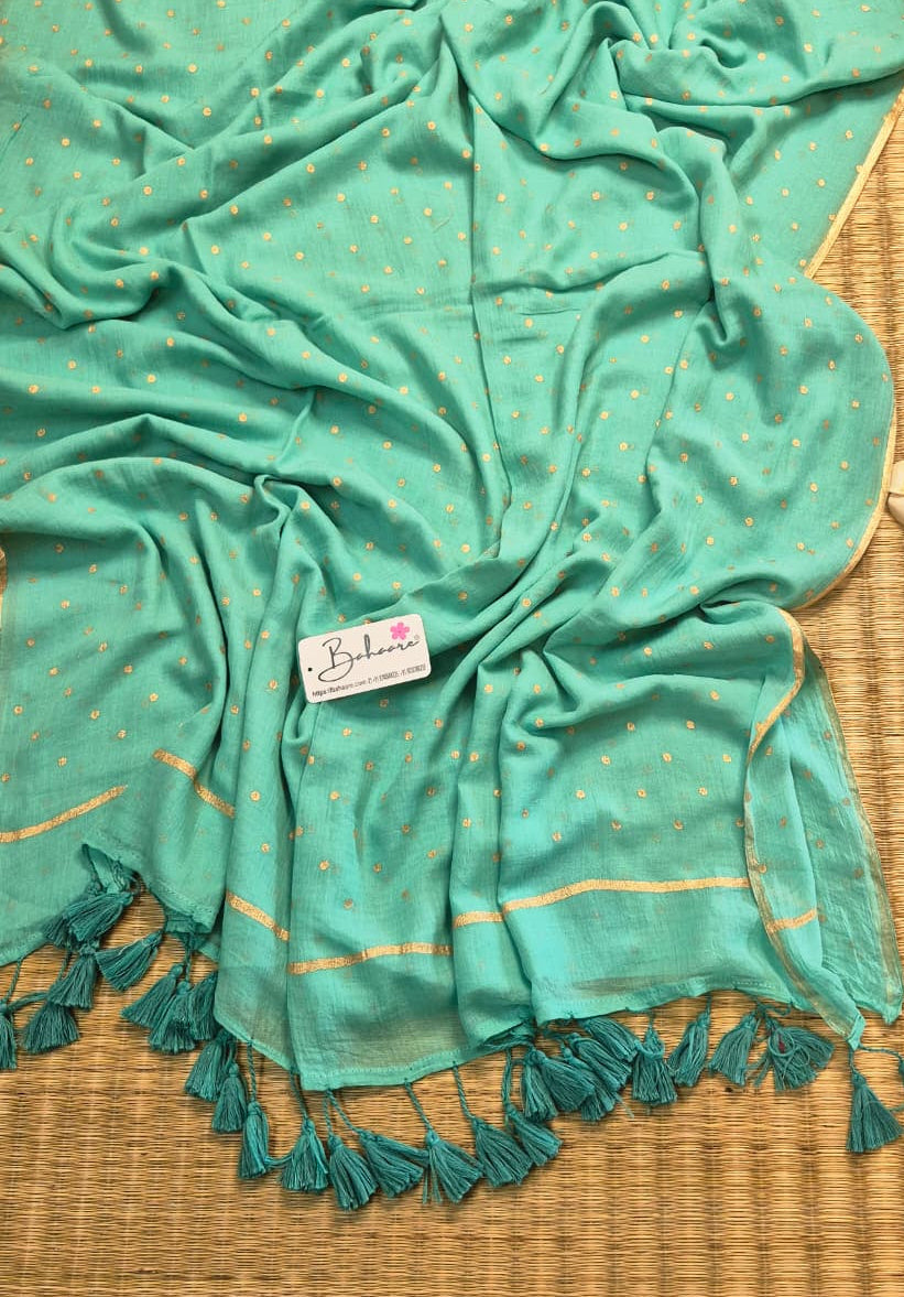 Polka Passion | Turquoise Blue Mul Mul Cotton Saree with Golden Polka Dots
