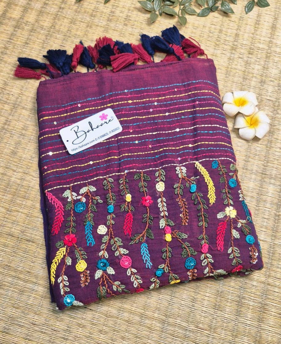 Mohini | Purple Dual Tone Mul Mul Cotton Saree with Handcrafted Bullion Stich