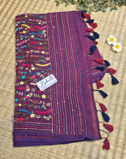 Mohini | Purple Dual Tone Mul Mul Cotton Saree with Handcrafted Bullion Stich