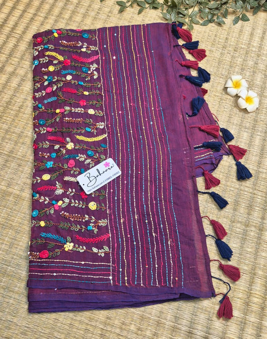 Mohini | Purple Dual Tone Mul Mul Cotton Saree with Handcrafted Bullion Stich