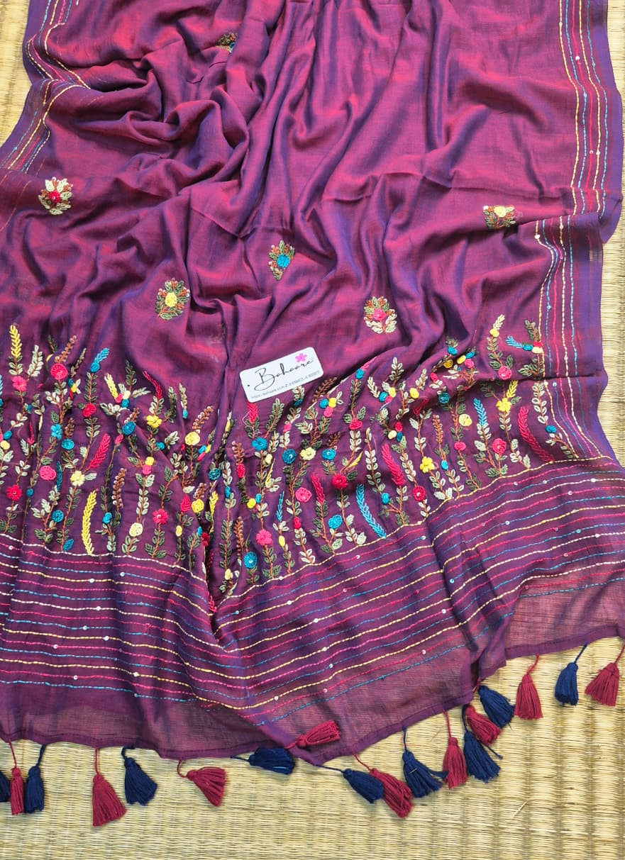 Mohini | Purple Dual Tone Mul Mul Cotton Saree with Handcrafted Bullion Stich