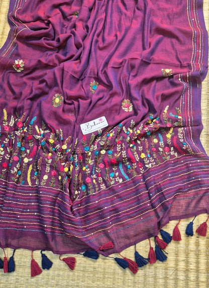 Mohini | Purple Dual Tone Mul Mul Cotton Saree with Handcrafted Bullion Stich