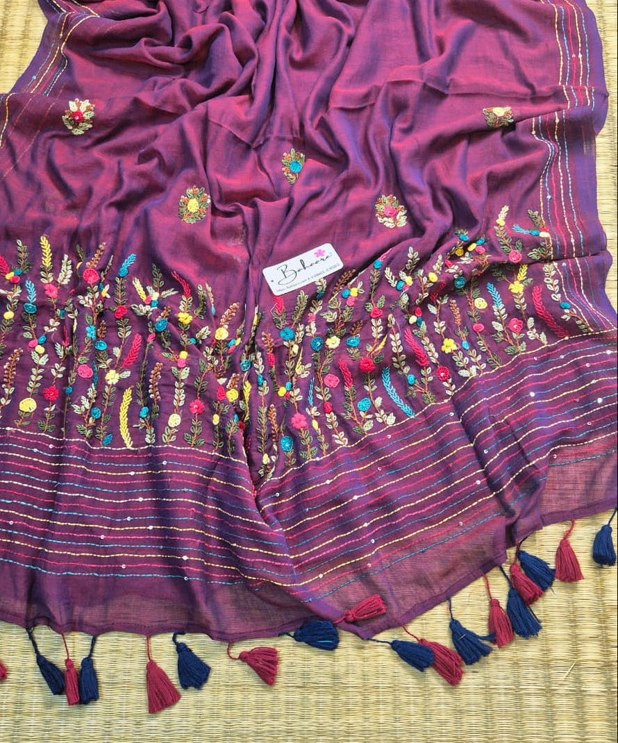 Mohini | Purple Dual Tone Mul Mul Cotton Saree with Handcrafted Bullion Stich