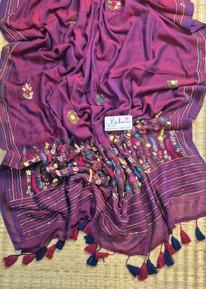 Mohini | Purple Dual Tone Mul Mul Cotton Saree with Handcrafted Bullion Stich