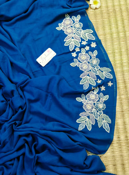 Mohini | Cobalt Blue Mul Mul Cotton Saree with Handcrafted Moti Work on Front Top Part