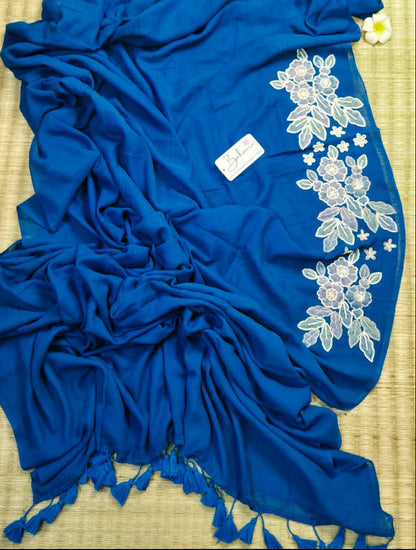 Mohini | Cobalt Blue Mul Mul Cotton Saree with Handcrafted Moti Work on Front Top Part