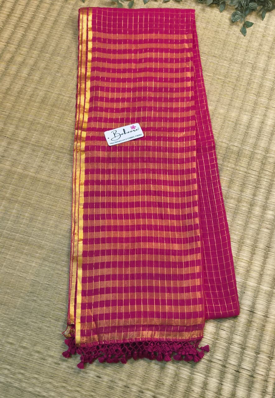 Megha | Rani Pink Tissue Saree with Golden Zari Stripe