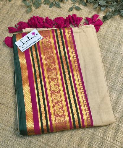 Noor | Royal Beige Mul Mul Cotton Saree with Multicoloured Zari Border