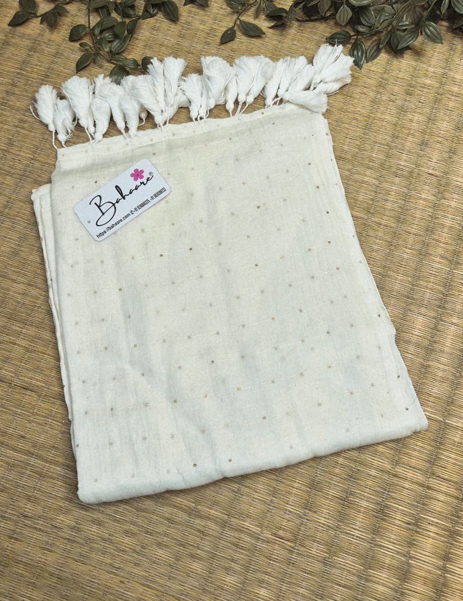 Shimmering Starlight | White Sequin Mul Mul Cotton Saree