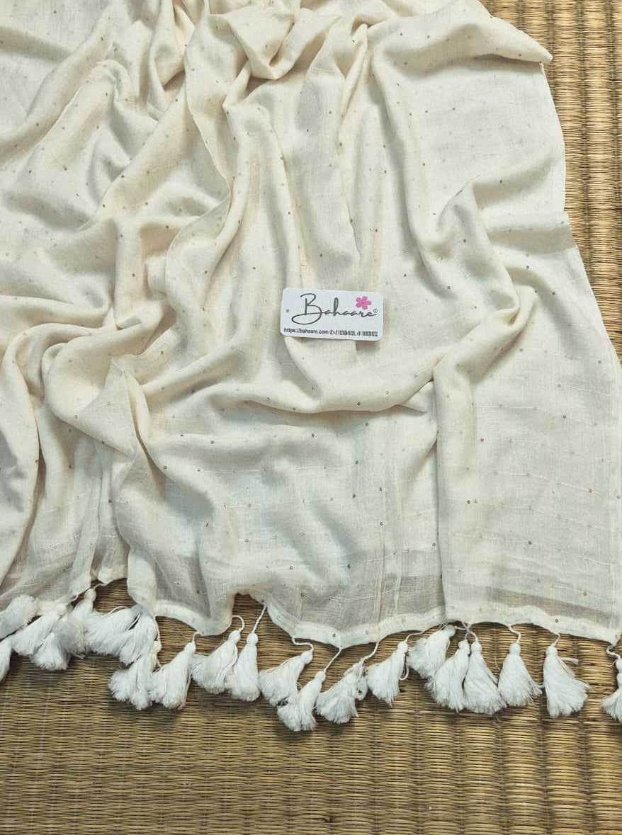 Shimmering Starlight | White Sequin Mul Mul Cotton Saree