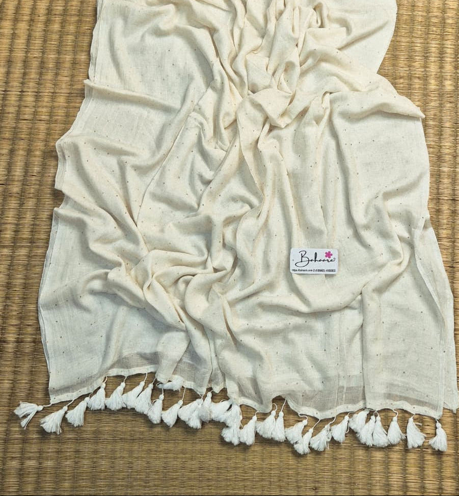 Shimmering Starlight | White Sequin Mul Mul Cotton Saree