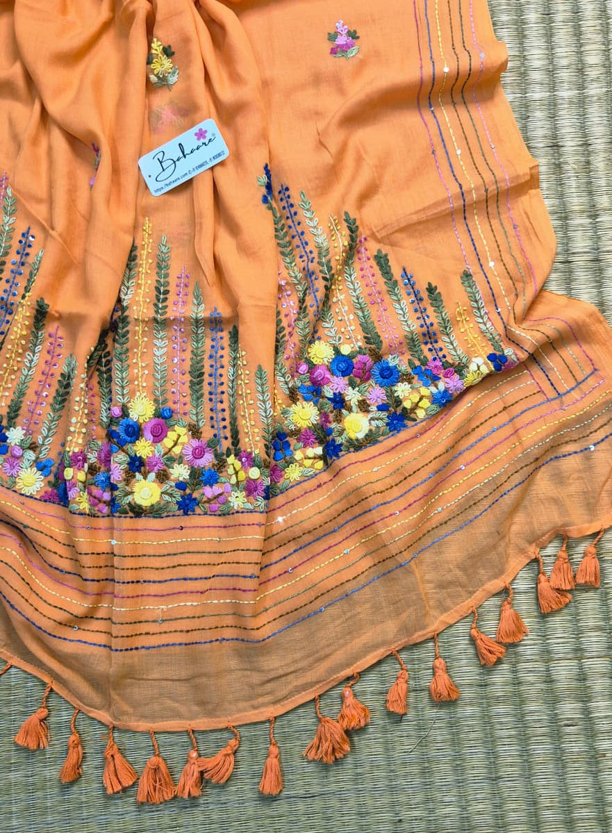 Mohini | Peach Blossom Mul Mul Cotton Saree with Handcrafted Bullion Stich