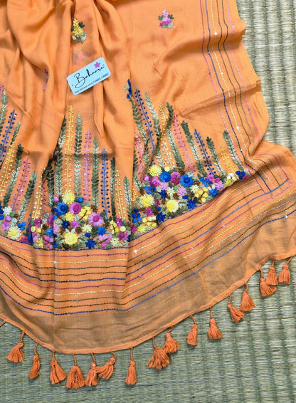 Mohini | Peach Blossom Mul Mul Cotton Saree with Handcrafted Bullion Stich