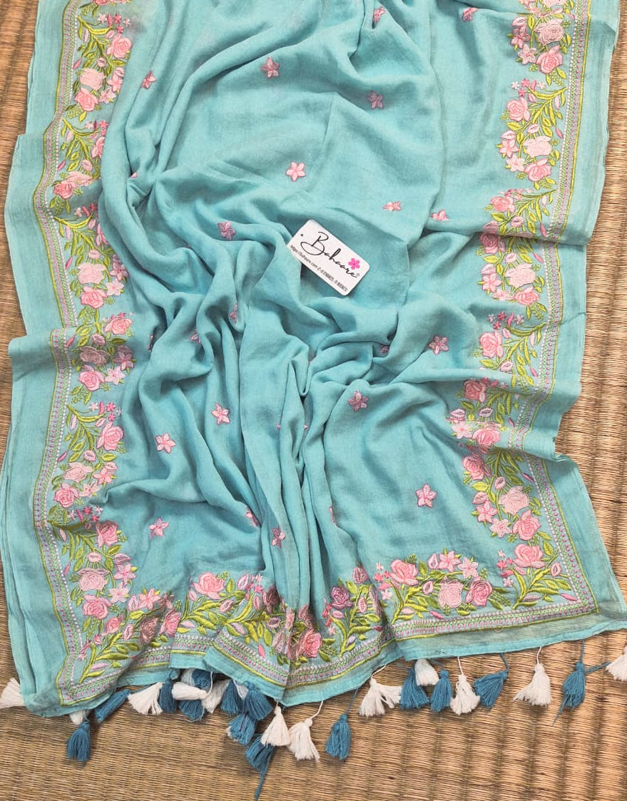 Mohini | Breezy Sky Blue Mul Mul Cotton Saree with Chikankari Embroidery