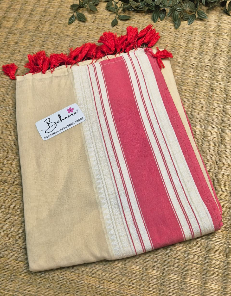 Cotton Galleria | Pearl White Handwoven Premium Cotton Saree with Red Border