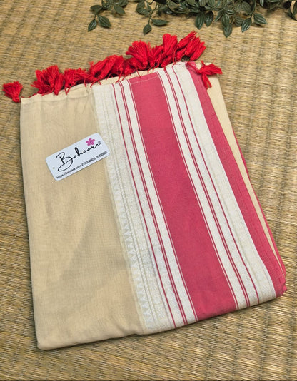 Cotton Galleria | Pearl White Handwoven Premium Cotton Saree with Red Border