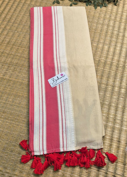Cotton Galleria | Pearl White Handwoven Premium Cotton Saree with Red Border