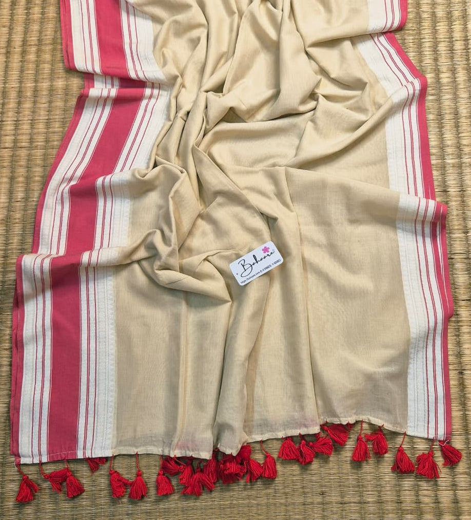 Cotton Galleria | Pearl White Handwoven Premium Cotton Saree with Red Border