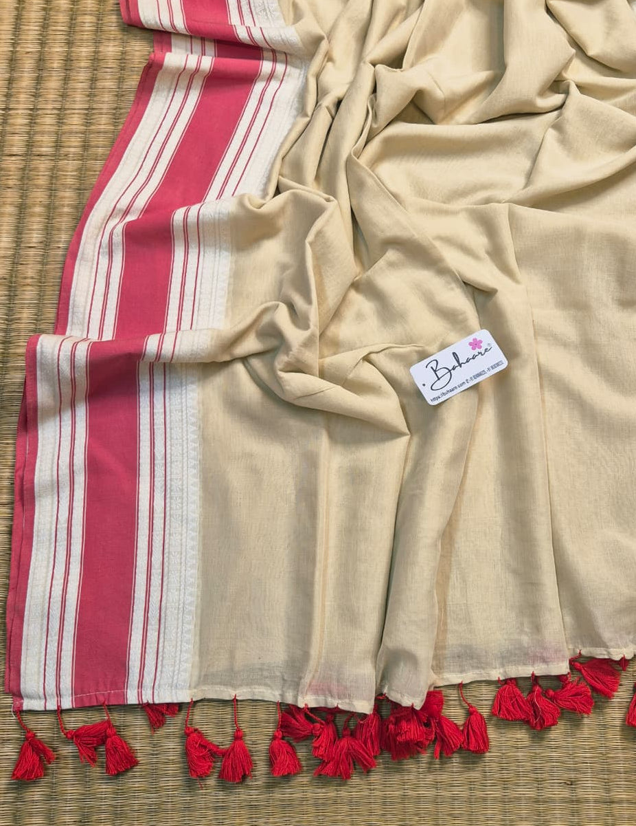 Cotton Galleria | Pearl White Handwoven Premium Cotton Saree with Red Border
